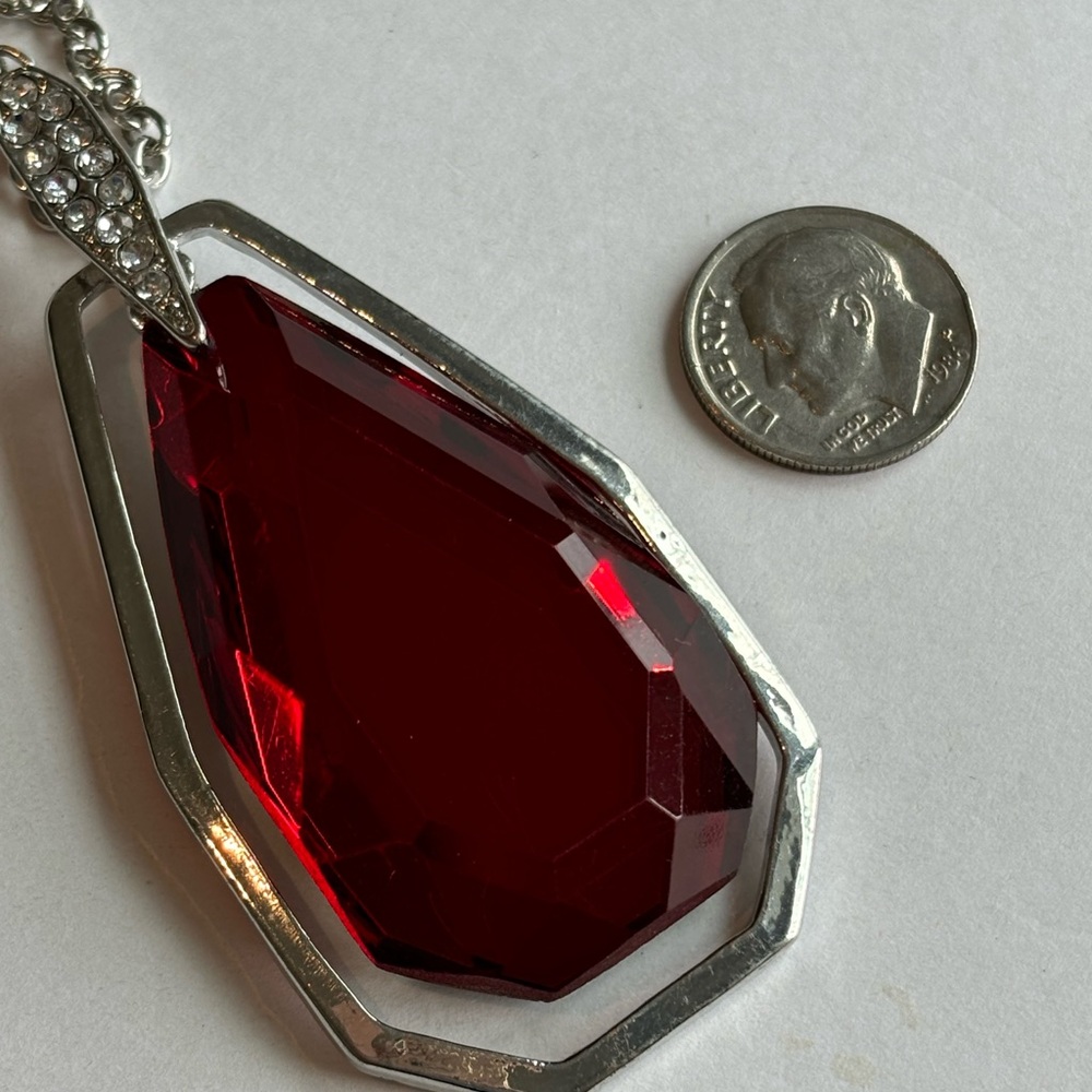 Large red pendant necklace/ silver tone chain/ measures 36 in length - Picture 13 of 14